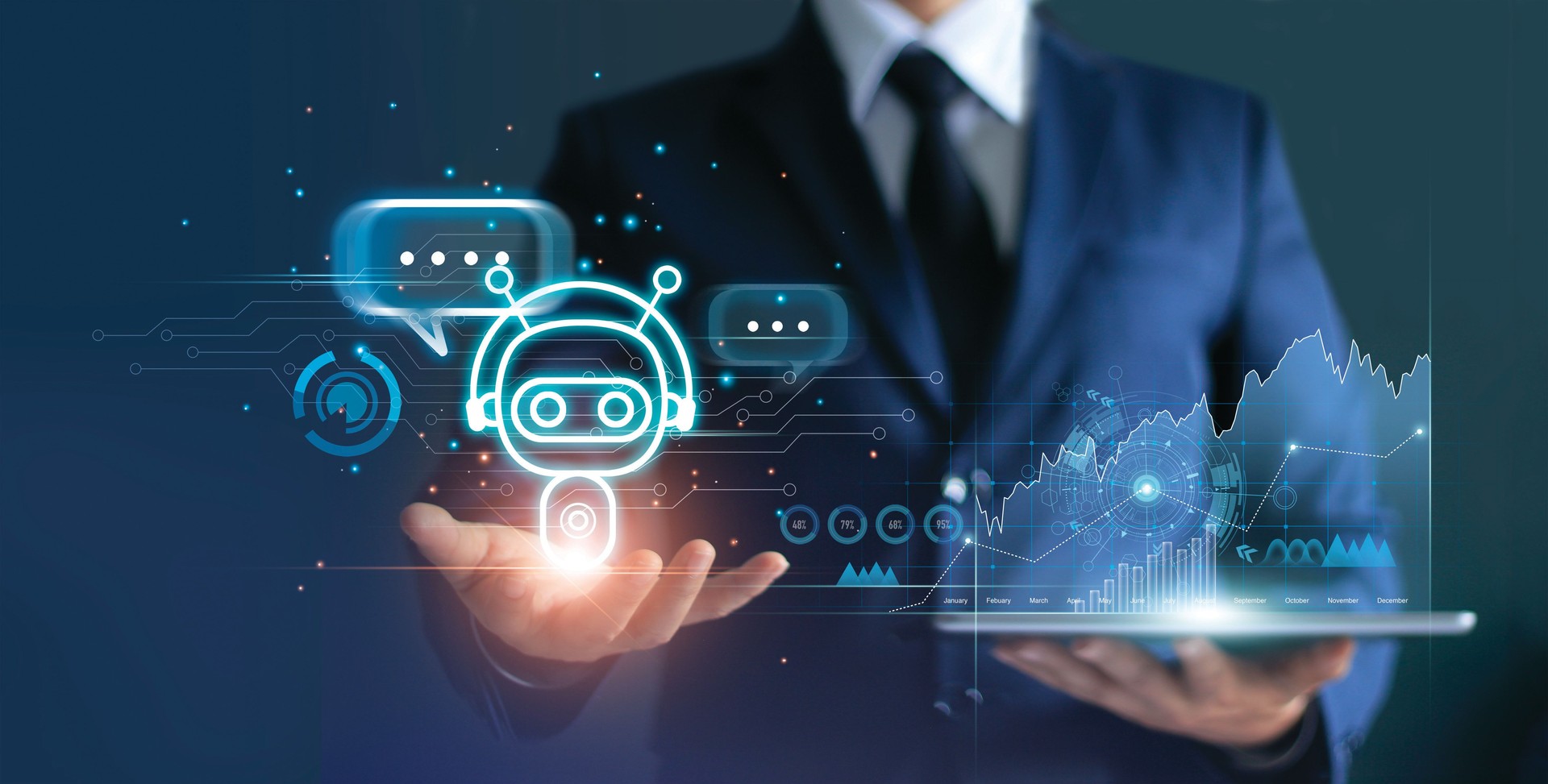 Businessman holding digital chatbot are assistant conversation for provide access to data growth of business in online network, Robot application and global connection, AI, Artificial intelligence.