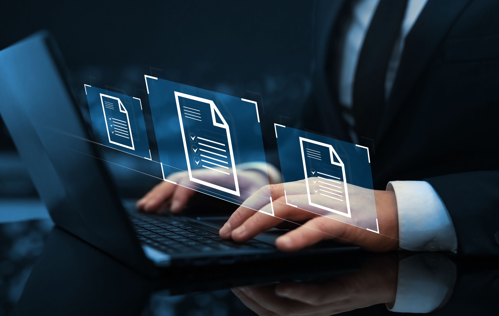 Businessman working at laptop computer and digital documents with checkbox lists. Law regulation and compliance rules on virtual screen concept